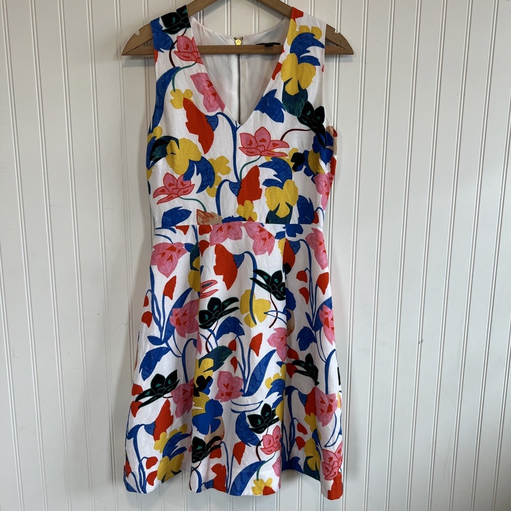 J. Crew Red and White Floral Patterned Dress Size 2 Linen Lycocell